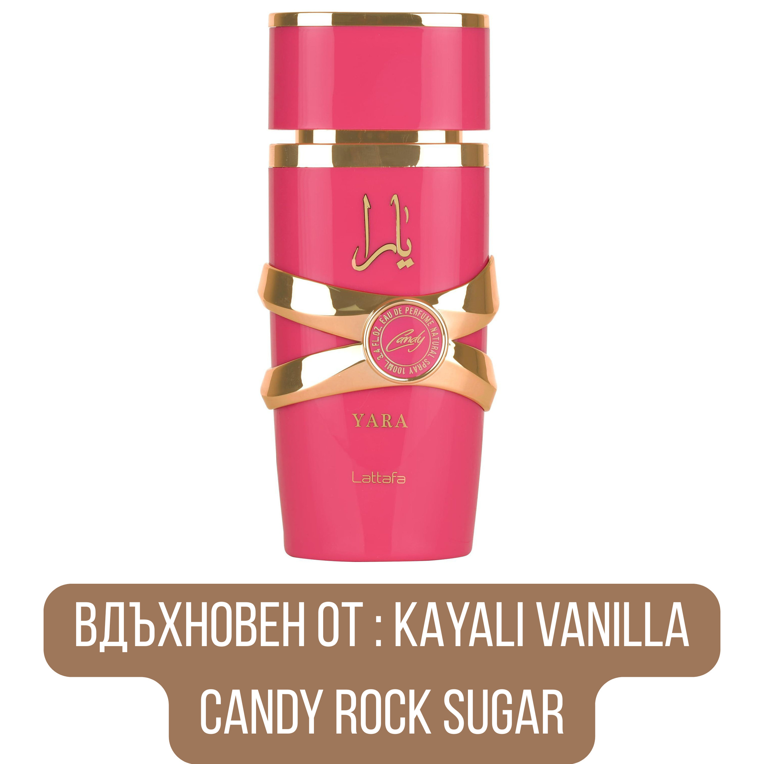 Парфюмна вода Lattafa Yara Candy EDP за жени с аромат на плодове и ванилия, изображение на бутилка, светеща в светлина.
