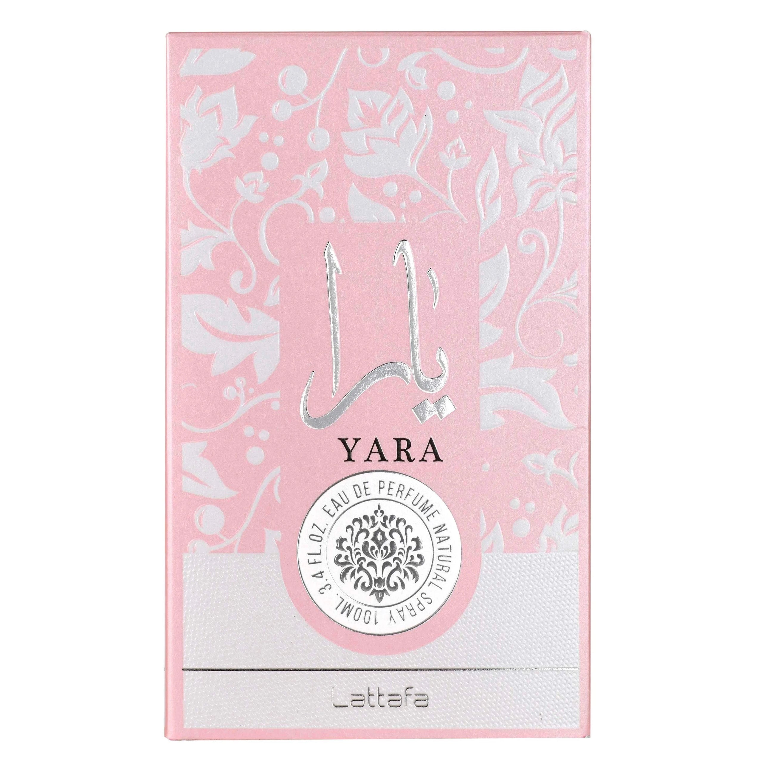 Lattafa Yara EDP парфюмна вода за жени, флакон с елегантен дизайн и златисти акценти, на фона на бял цвят