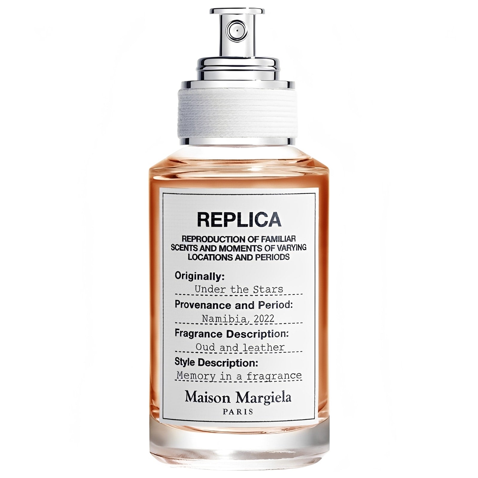 Унисекс парфюм Maison Margiela Replica Under The Stars EDT, бутилка с аромат в прозрачна опаковка и капак.