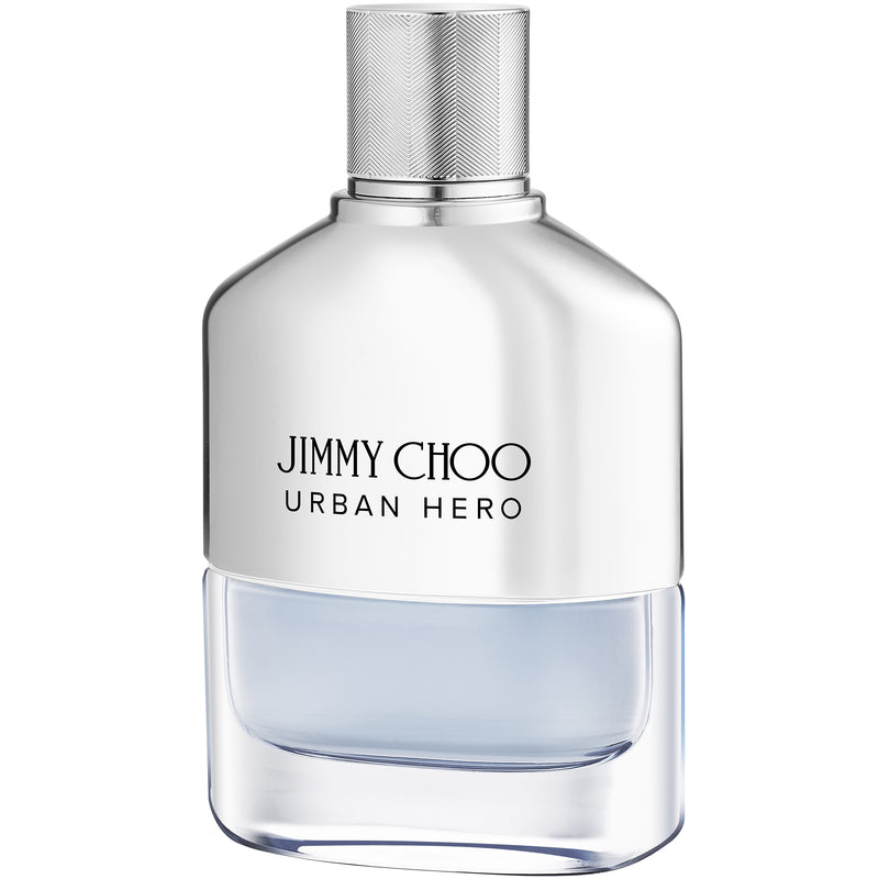 Jimmy Choo Urban Hero EDP парфюмна вода за мъже, бутилка с елегантен дизайн и логото на Jimmy Choo.