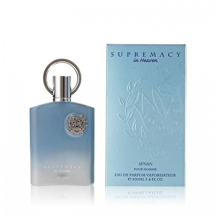 Afnan Supremacy in Heaven EDP мъжки парфюмна вода с елегантна бутилка и ароматна композиция.