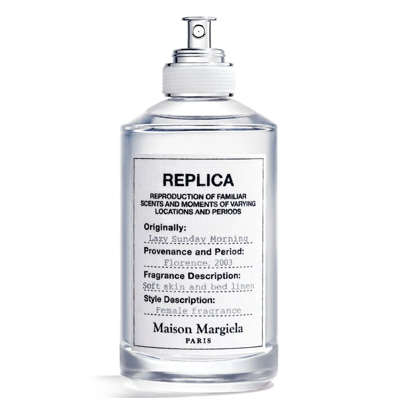 Унисекс парфюм Maison Margiela Replica Lazy Sunday Morning EDT, бутилка с елегантен дизайн и бял капак, изображение.