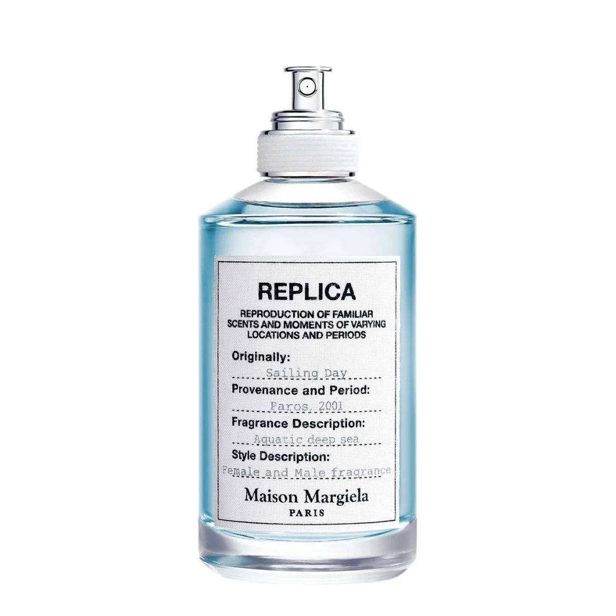 Унисекс парфюм Maison Margiela Replica Sailing Day EDT с морски нотки и свеж аромат, показан в елегантна бутилка.