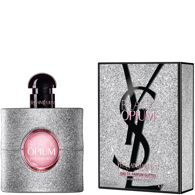 Парфюмна вода за жени YSL Black Opium Glitter EDP с бляскав дизайн и черна бутилка Saint Laurent.