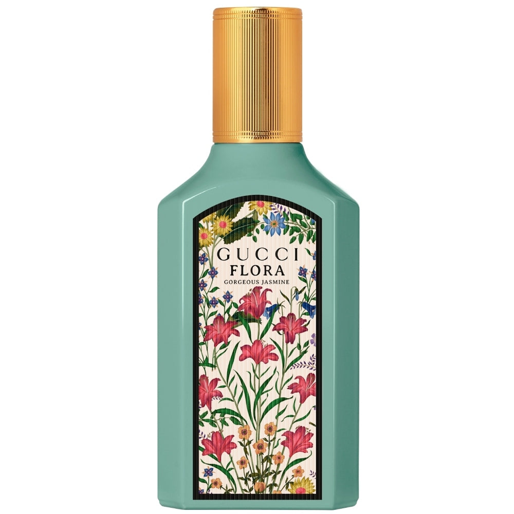 Gucci Flora Gorgeous Jasmine EDP парфюмна вода за жени, бутилка с цветен дизайн и златисти детайли.