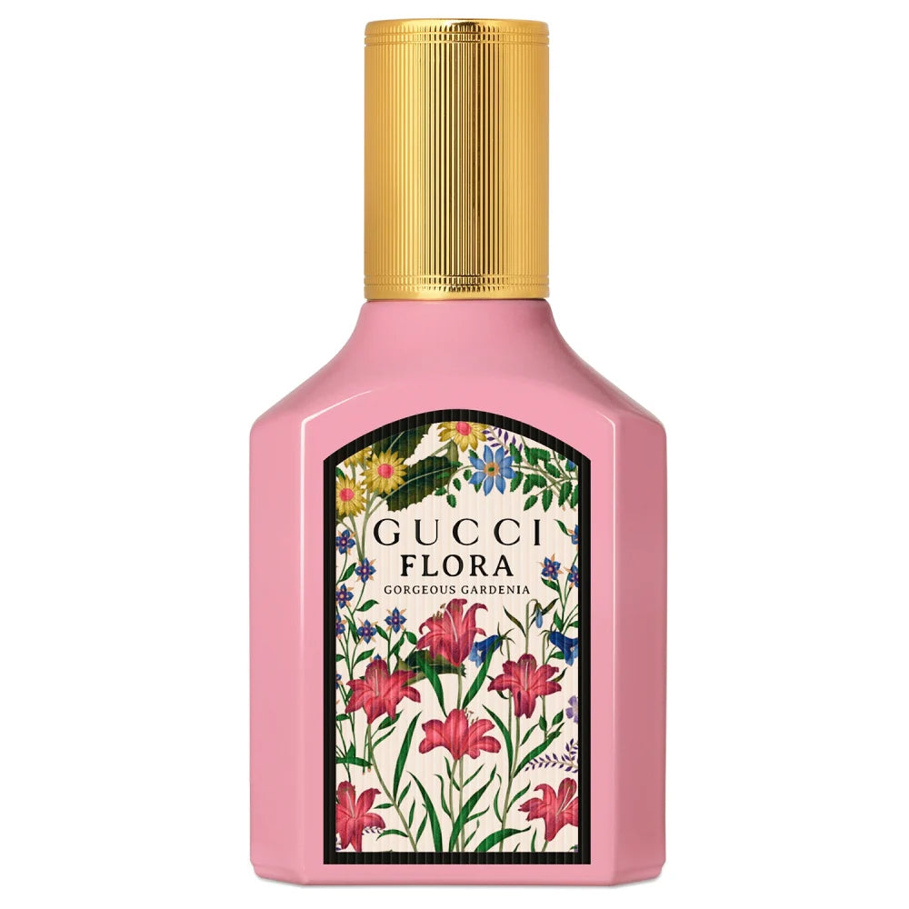 Парфюмна вода за жени Gucci Flora Gorgeous Gardenia EDP, бутилка с цветен дизайн и златни акценти.