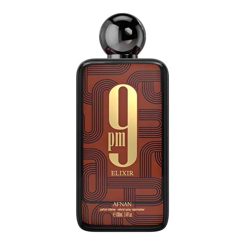 Afnan 9 PM Elixir men's EDP perfume bottle with sleek design and black cap, showcasing the luxury fragrance.