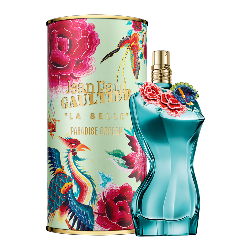 Женски парфюм Jean Paul Gaultier La Belle Paradise Garden EDP, флакон с цветен дизайн и ароматна капка.