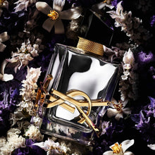 Дамски парфюм Saint Laurent Libre Absolu Platine EDP, елегантна бутилка и ароматна композиция на фона.