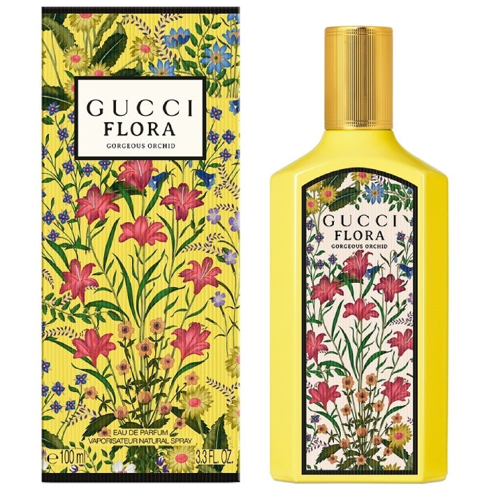 Парфюмна вода Gucci Flora Gorgeous Orchid EDP за жени, изразен със свежи и цветни нотки, показана в елегантна бутилка.
