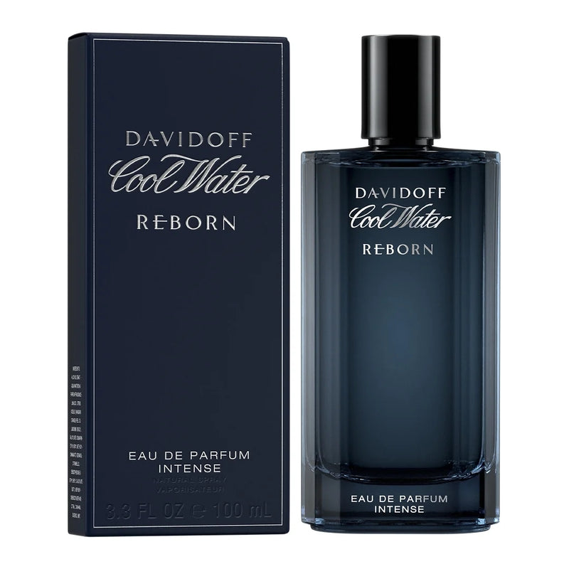 Davidoff Cool Water Reborn Intense EDP for men, showcasing a sleek blue bottle with a modern design against a neutral background.