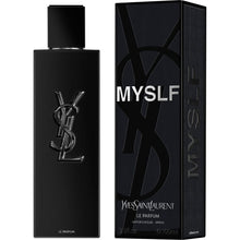 Парфюм за мъже Yves Saint Laurent MYSLF Le Parfum, бутилка с елегантен дизайн, върху бял фон.