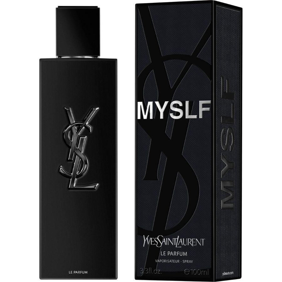 Парфюм за мъже Yves Saint Laurent MYSLF Le Parfum, бутилка с елегантен дизайн, върху бял фон.