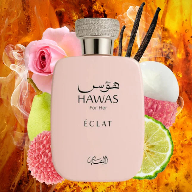 Парфюмна вода Rasasi Hawas Éclat EDP за жени, изящен флакон и ароматни нотки, подходящ за специални поводи.