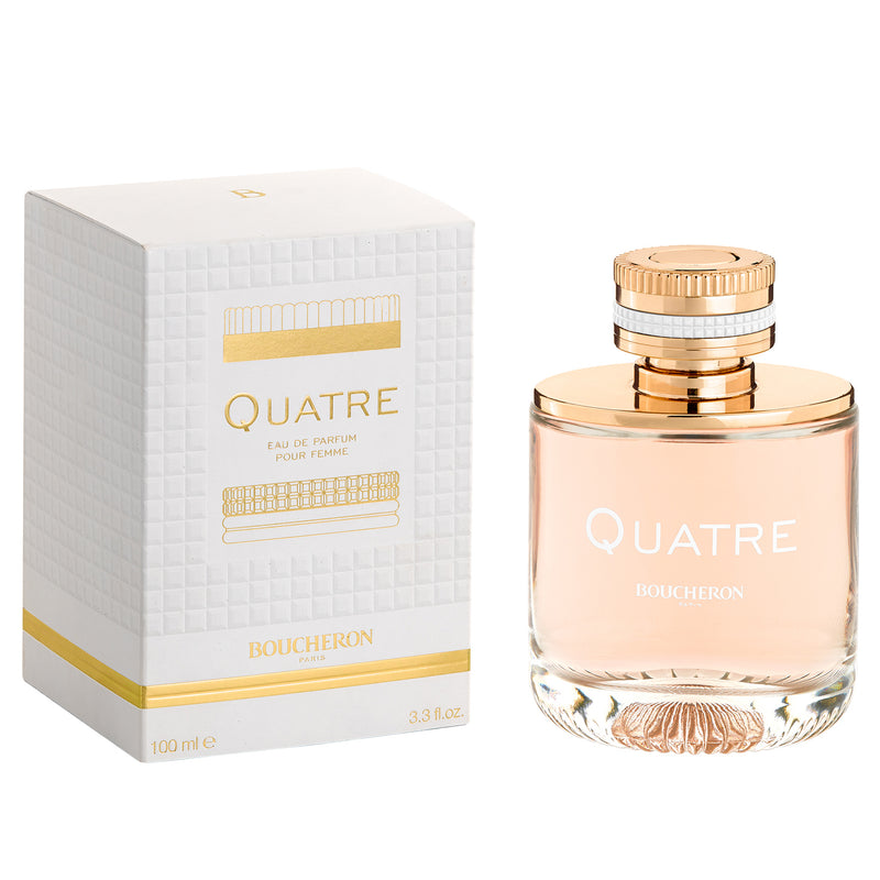 Букет от цветя и дървесни нотки на парфюмна вода Boucheron Quatre Pour Femme EDP за жени, показана бутилка и флакон.