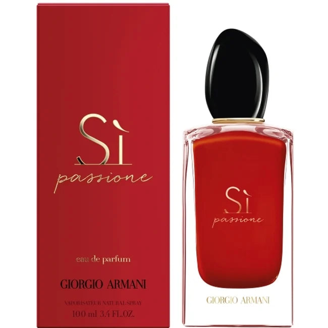 Парфюмна вода Giorgio Armani Sí Passione EDP за жени, бутилка с елегантен дизайн и ароматна есенция.