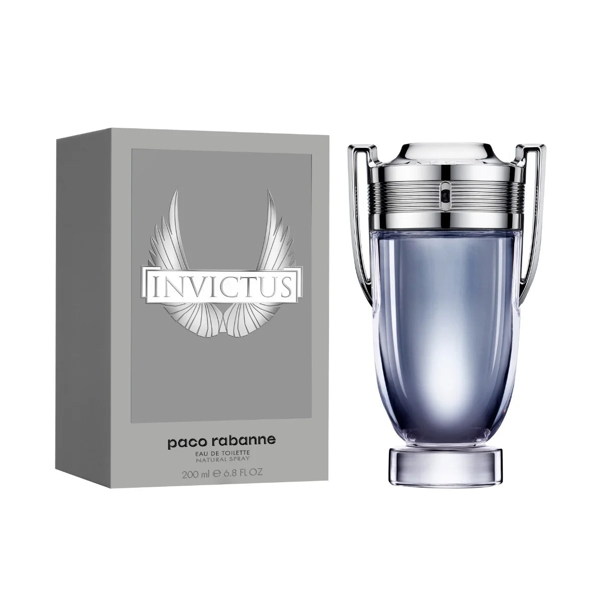Подарък за мъже: Paco Rabanne Invictus EDT тоалетна вода с прозрачен флакон и златист капак, изображена върху бял фон.