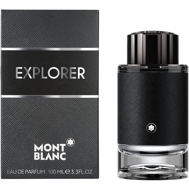Мъжки парфюм Montblanc Explorer EDP, ароматна Eau de Parfum вода с елегантен дизайн и капкомер, върху бял фон.