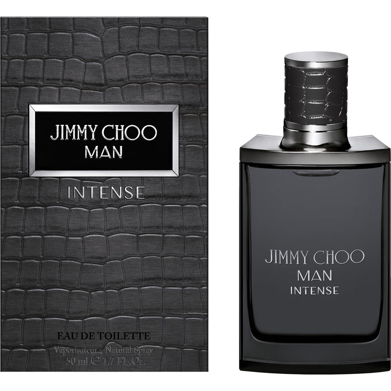 Тоалетна вода Jimmy Choo Man Intense EDT за мъже, бутилка със стилен дизайн и ароматни нотки, показана на изображението.