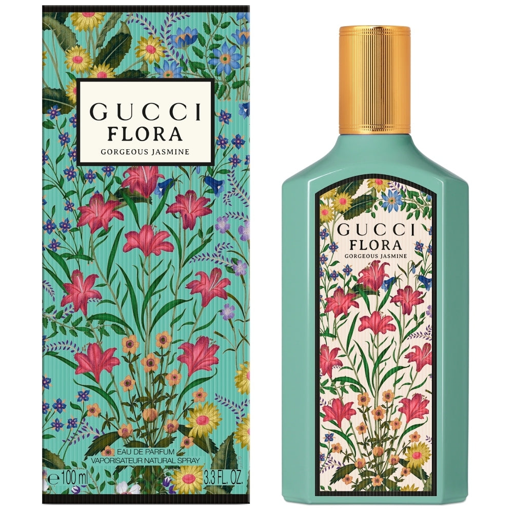 Парфюмна вода за жени Gucci Flora Gorgeous Jasmine EDP с флакон и цветен дизайн, изразяващ елегантност и свежест.