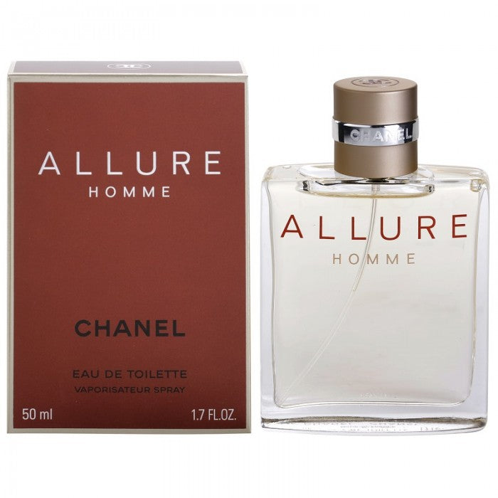 Тоалетна вода за мъже Chanel Allure Homme EDT, бутилка с елегантен дизайн и сребрист капак, изображение на опаковката