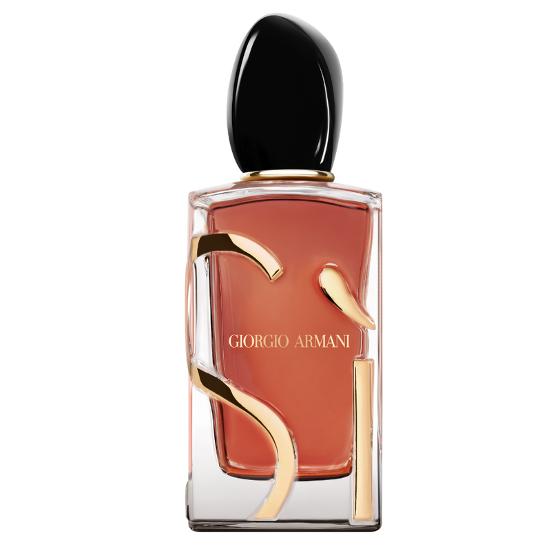 Голд парфюмна вода Giorgio Armani Si Parfum EDP за жени, бутилка с елегантен дизайн и цветна капачка.