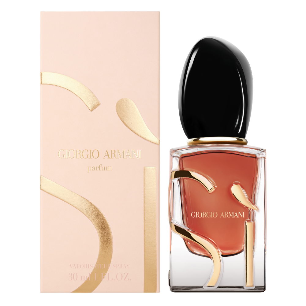 Горна снимка на парфюмна вода Armani Si Parfum EDP за жени от Giorgio Armani, шишенце с елегантен дизайн и златист капак