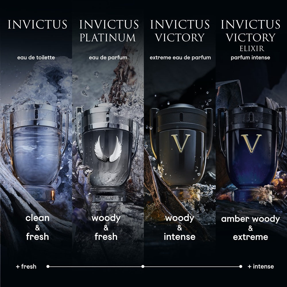 Парчюмна вода Paco Rabanne Invictus Victory Elixir EDP за мъже, флакон с елегантен дизайн и ароматна течност.