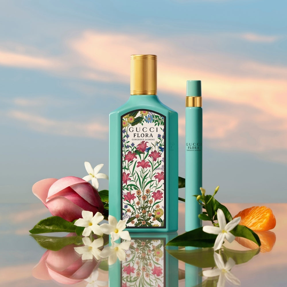 Парфюмна вода Gucci Flora Gorgeous Jasmine EDP за жени, флакон с елегантен дизайн и цветна капачка, за деликатен аромат.