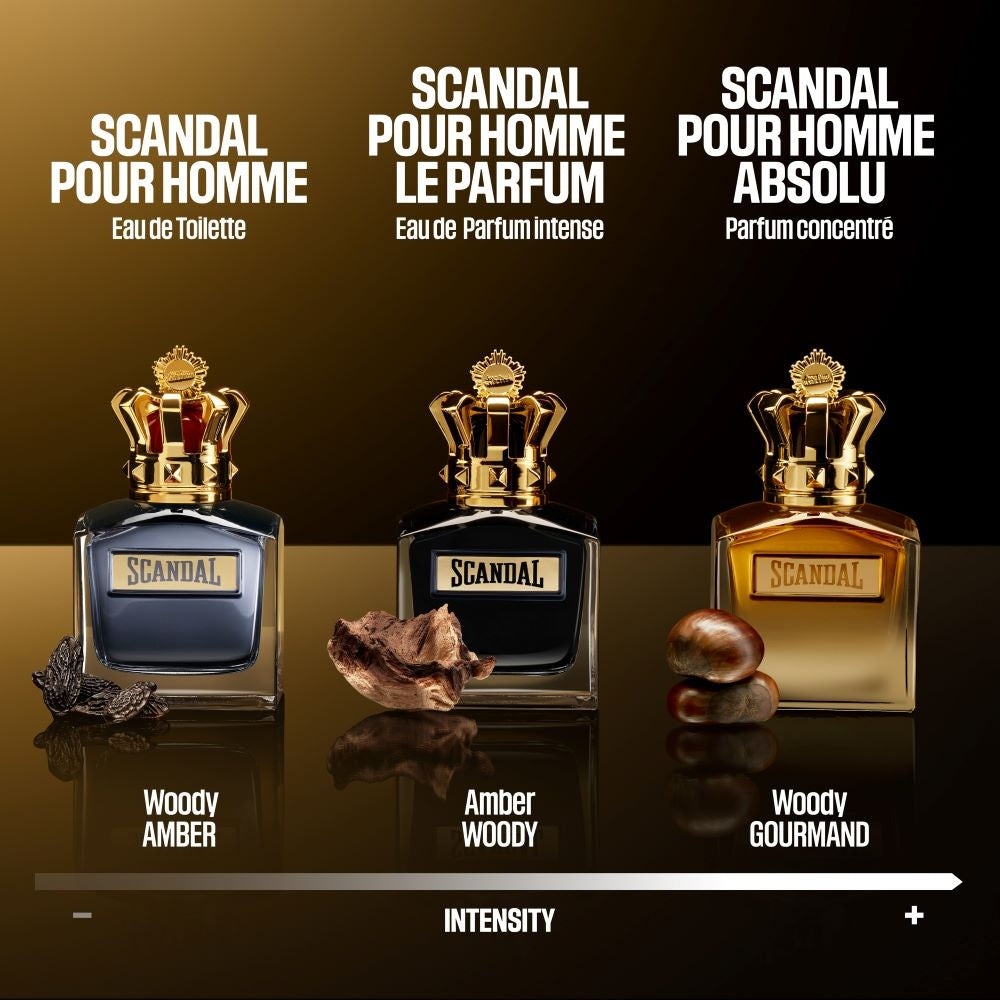 Парфюмна вода Jean Paul Gaultier Scandal Pour Homme Absolu EDP за жени, стилна бутилка и аромат.