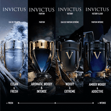 Пако Рабан Invictus EDP мъжки парфюмна вода с флакон и дизайн, представляващ силен и свеж аромат.
