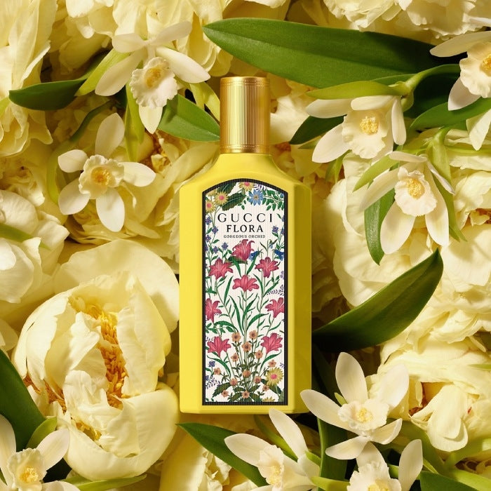 Gucci Flora Gorgeous Orchid EDP парфюмна вода за жени, бутилка с цветен дизайн и аромат на орхидея и свежи цветя.