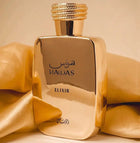 Rasasi Hawas Elixir EDP мъжки парфюмна вода, бутилка с елегантен дизайн и логото на Rasasi.