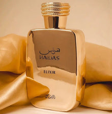 Rasasi Hawas Elixir EDP мъжки парфюмна вода, бутилка с елегантен дизайн и логото на Rasasi.