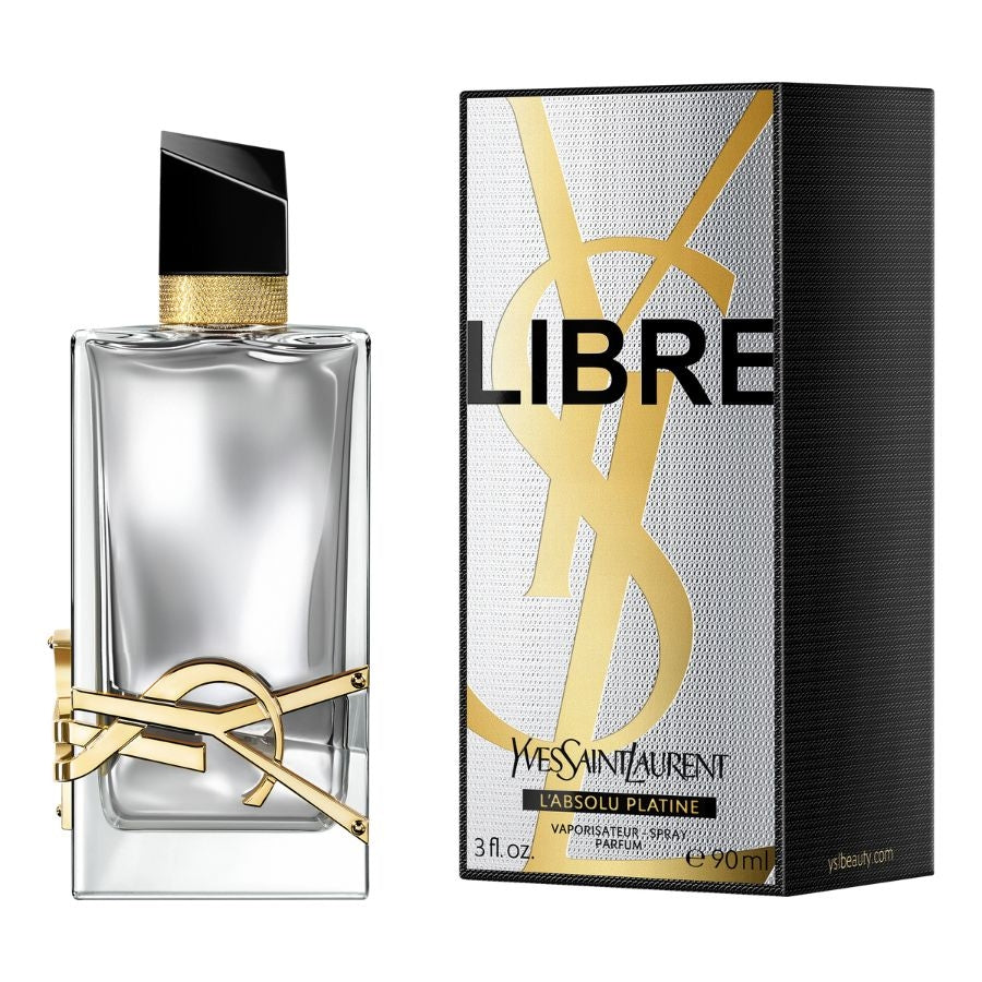 Дамски парфюмна вода Saint Laurent Libre Absolu Platine EDP с елегантен флакон и златисти акценти.