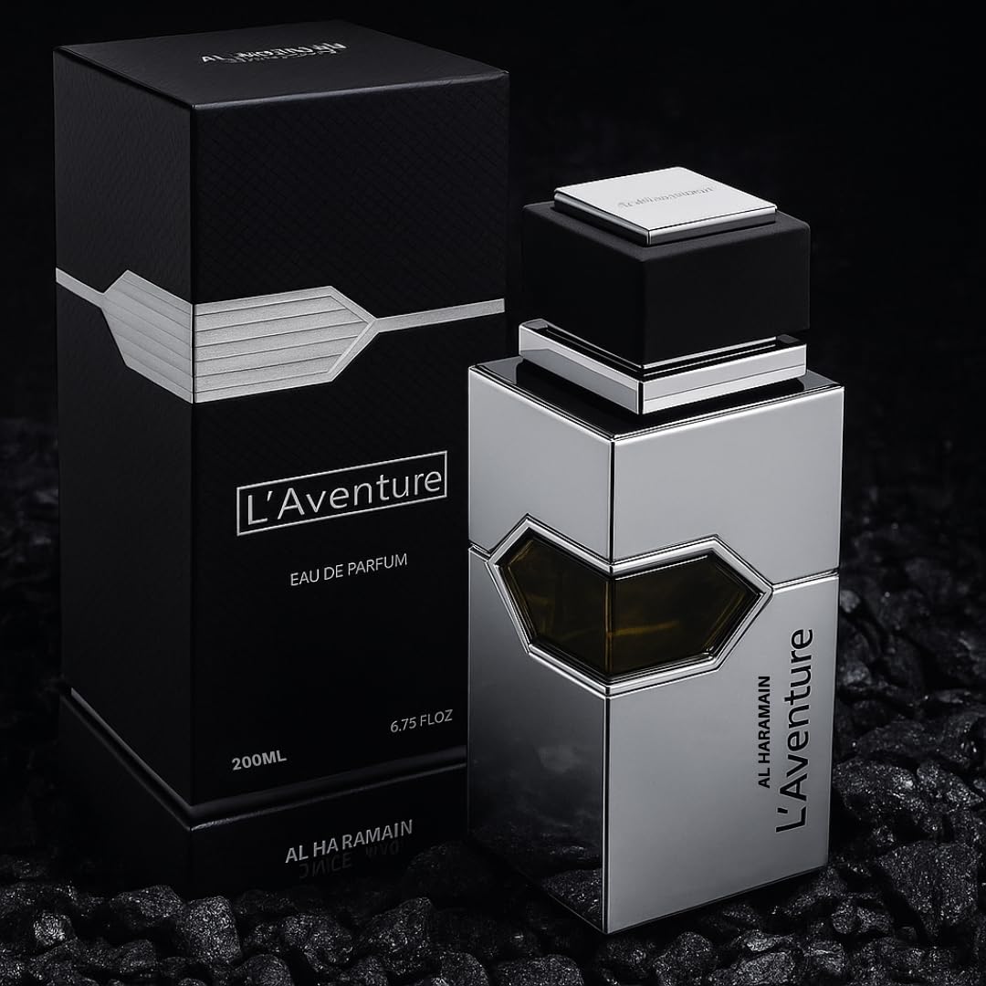 Al Haramain L'Aventure EDP парфюмна вода за мъже, бутилка и опаковка на фона, аромат за мъже, луксозен дизайн