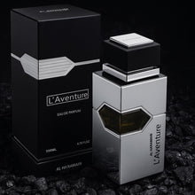 Al Haramain L'Aventure EDP парфюмна вода за мъже, бутилка и опаковка на фона, аромат за мъже, луксозен дизайн