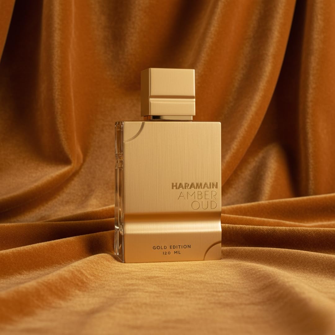 Ал Харамайн Amber Oud Gold Edition EDP унисекс парфюмна вода, изящна бутилка със златен дизайн и ароматна нотка.