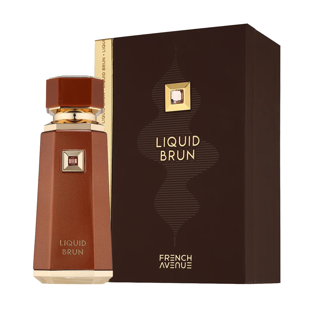 Френски Avenue Liquid Brun EDP парфюмна вода унисекс, бутилка с елегантен дизайн и надпис на етикета, за свеж аромат.