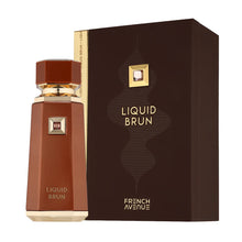 Френски Avenue Liquid Brun EDP парфюмна вода унисекс, бутилка с елегантен дизайн и надпис на етикета, за свеж аромат.