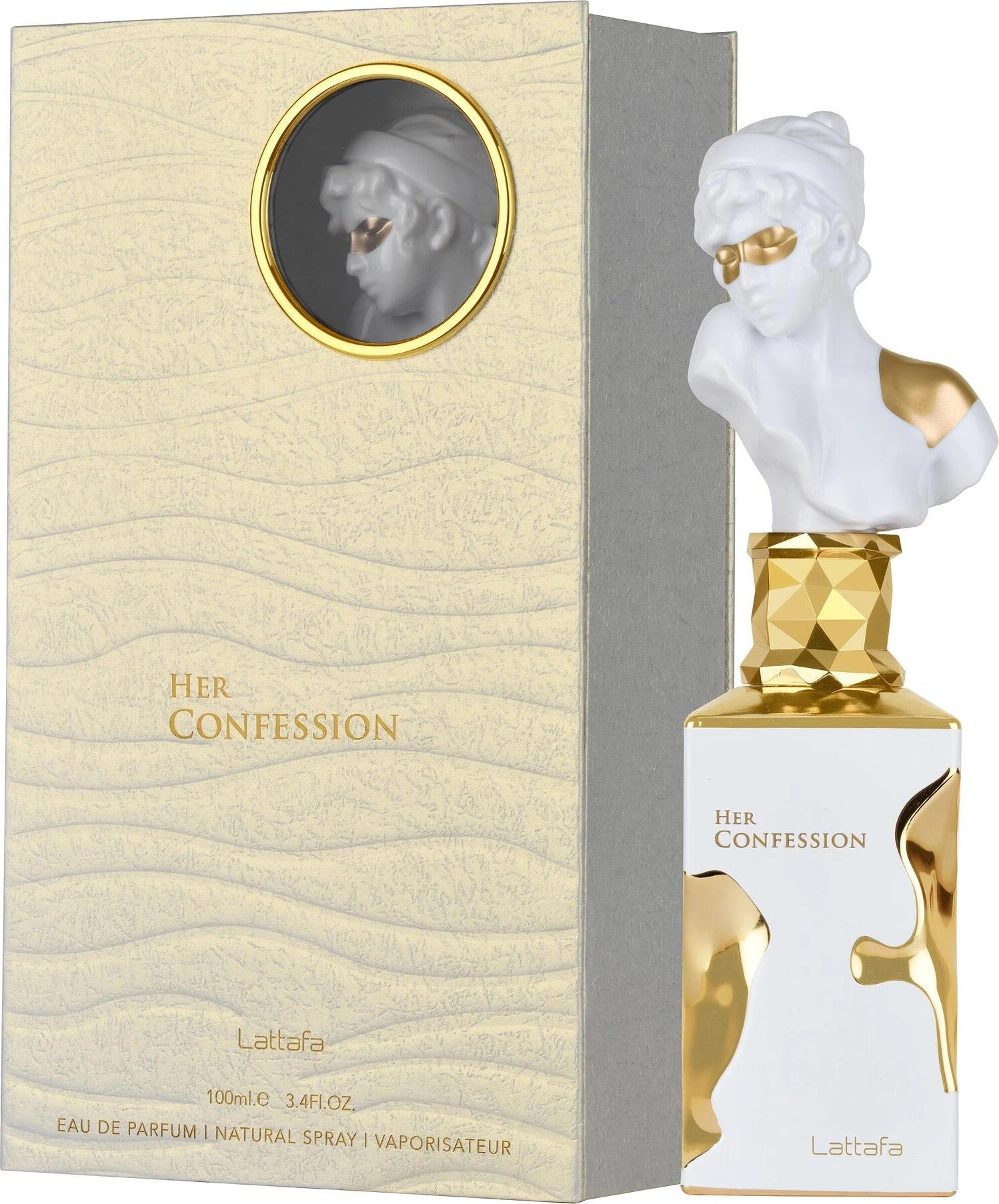 Парфюмна вода за жени Lattafa Her Confession EDP с елегантна бутилка и флорален дизайн, изразяваща женственост.