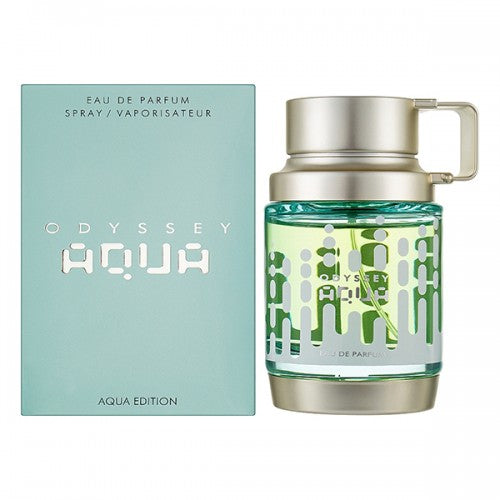 Еднопроходна парфюмна вода за мъже Armaf Odyssey Aqua EDP, флакон със син течност и елегантна опаковка.