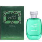 Мъжки парфюм Rasasi Hawas Tropical EDP с тропически аромат, показан в елегантна бутилка, за мъже, любители на свежи ухания.