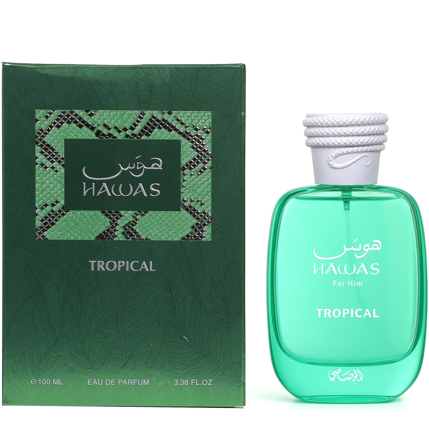 Мъжки парфюм Rasasi Hawas Tropical EDP с тропически аромат, показан в елегантна бутилка, за мъже, любители на свежи ухания.