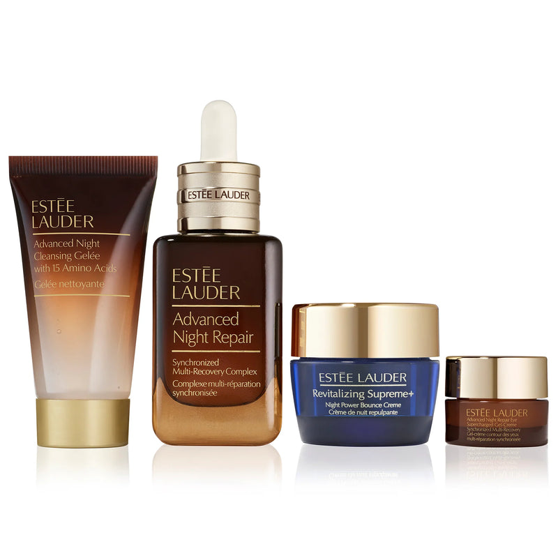 Комплект Estee Lauder Advanced Night Repair The Lift + Glow с 4 продукта за нощна грижа и сияйна кожа.