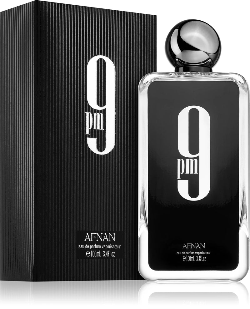 Afnan 9 PM EDP men's parfum water bottle with a sleek black cap and modern design, showcasing the fragrance bottle.