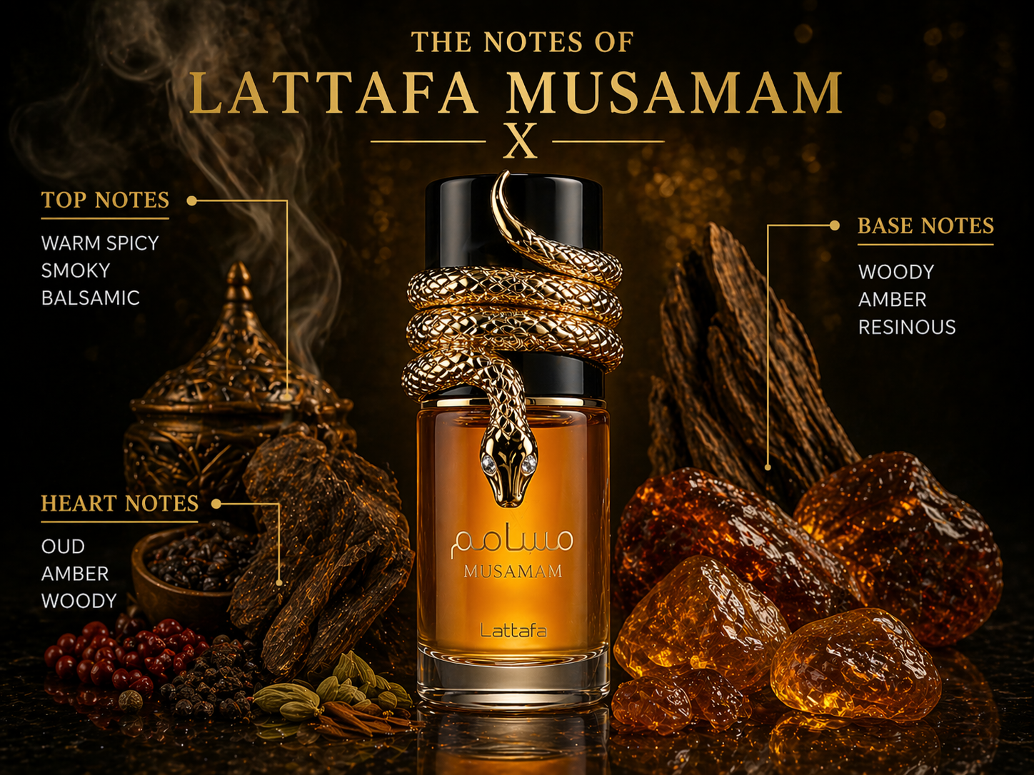Lattafa Musamam EDP парфюмна вода за мъже и жени, бутилка с елегантен дизайн, заобиколена от ароматни нотки.