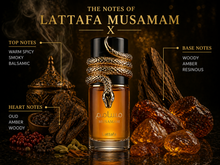 Lattafa Musamam EDP парфюмна вода за мъже и жени, бутилка с елегантен дизайн, заобиколена от ароматни нотки.