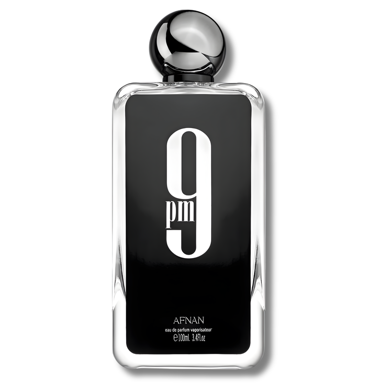 Afnan 9 PM EDP men's perfume bottle with black and gold packaging, displayed alongside Creed Aventus Absolu fragrance.