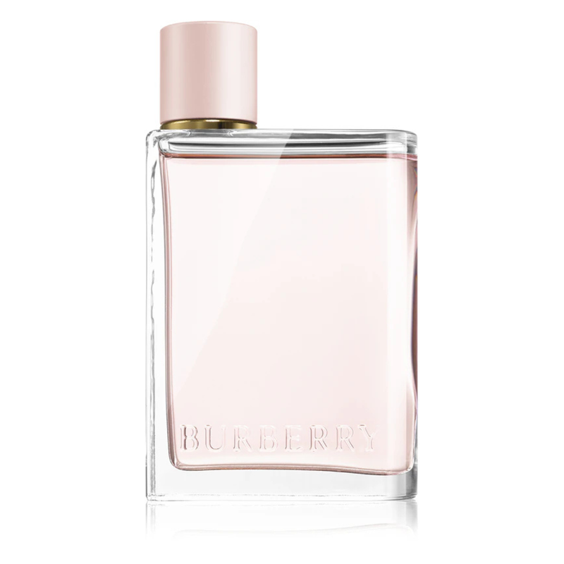 Парфюмна вода Burberry Her EDP за жени, изящна бутилка с флорално и плодово ухание, стилен дизайн.